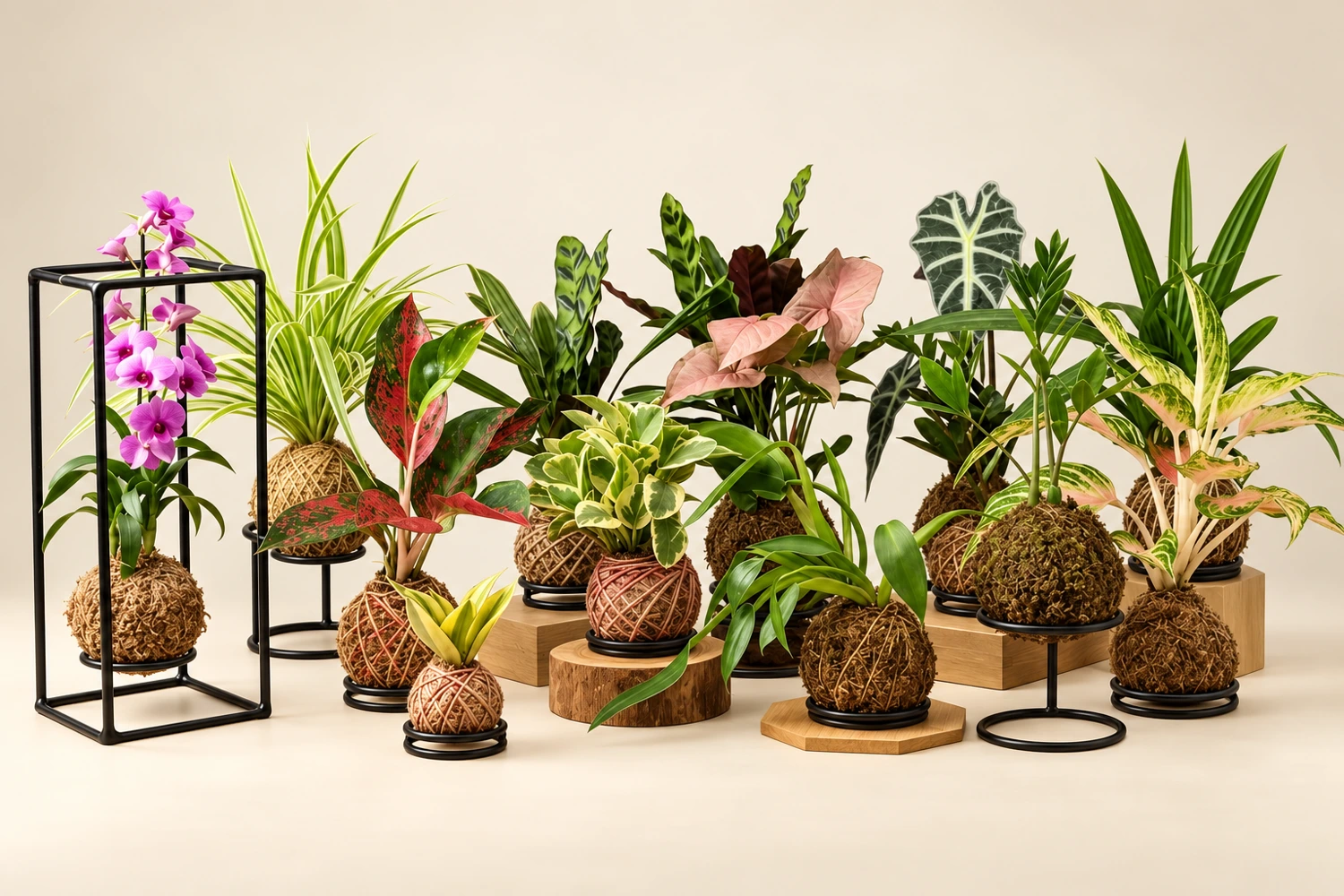 Coleção de kokedamas do Estúdio Vita Viva com flores, folhagens e suportes